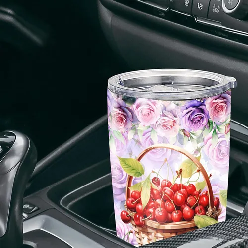 Vista 4 de Vaso personalizado de cereza con tapa, flores, colorido, nombre personalizado, taza aislada, taza de viaje para niñas, mujeres, amantes