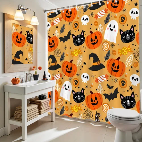 Vista 4 de Mocsicka Bonita cortina de ducha de Halloween de 72 x 72 pulgadas, cortina de ducha naranja de dibujos animados de gato y fantasma, cortina de ducha