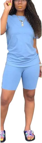 Vista 18 de KINIKO Conjunto deportivo de 2 piezas para mujer, casual, de moda, color sólido, camiseta de manga corta y pantalones Negro-a
