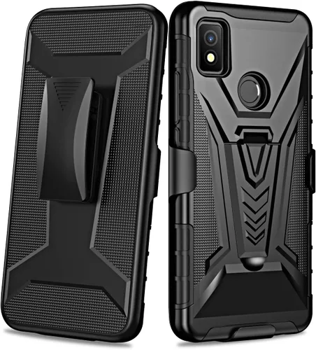 Vista 3 de Funda para Cricket Icon 4 con clip para cinturón de funda híbrida a prueba de golpes con soporte y pantalla de vidrio templado (negro)