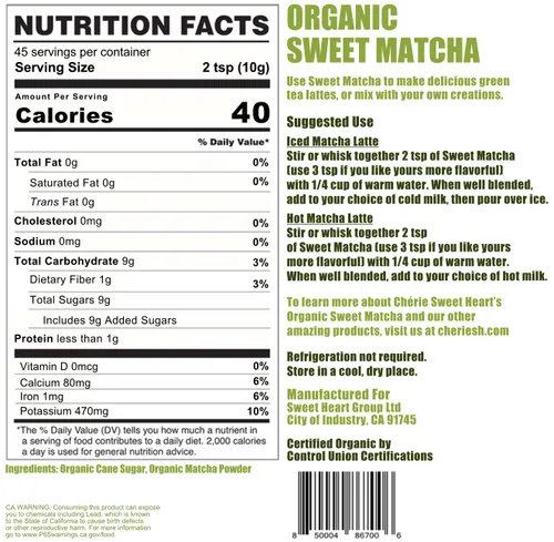 Vista 2 de Cherie Sweet Heart - Mezcla de té verde orgánico Sweet Matcha – Mezcla estilo café – 16 onzas, vegano y sin gluten, rico en antioxidantes, perfecto