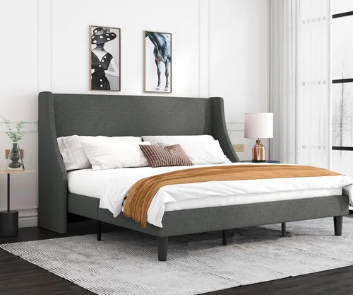 Vista 8 de Allewie Marco de Cama de Plataforma Tamaño King con Cabecera Tapizada, Respaldo Wingback Moderno de Lujo, Soporte de Listones de Madera, Base