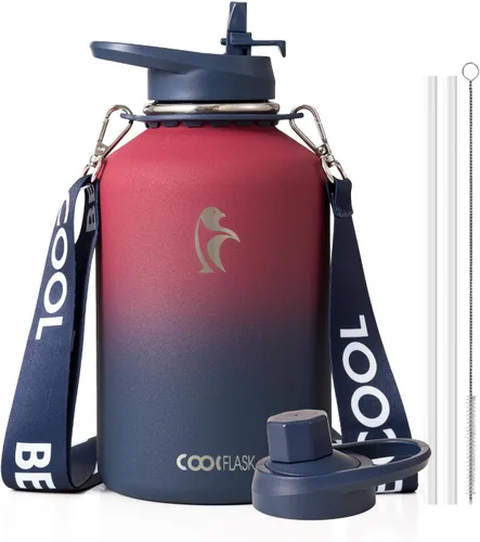 Vista 34 de Botella de agua Coolflask de 40 onzas con correa, botella de agua metálica aislada con popote y tapas con pico, acero inoxidable de doble pared al