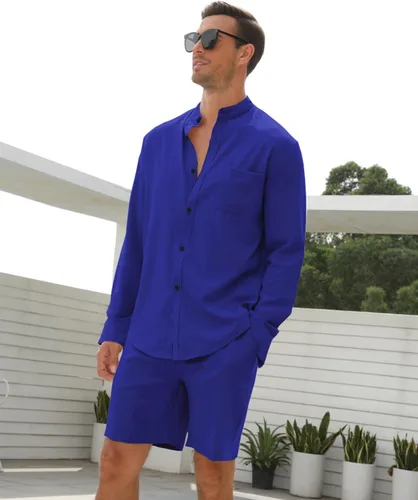 Vista 5 de RPOVIG Conjuntos de lino para hombre, conjuntos de verano de 2 piezas, ropa de vacaciones en la playa, camisas casuales de manga larga, pantalones