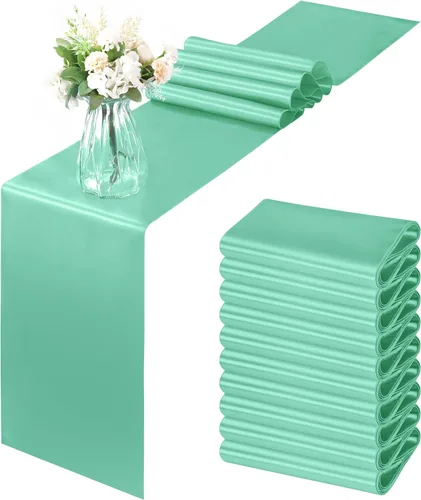 Vista 8 de Horbaunal - Juego de 12 caminos de mesa de satén azul claro de 12 x 108 pulgadas, caminos de mesa suaves para bodas, banquetes, fiestas de cumpleaños