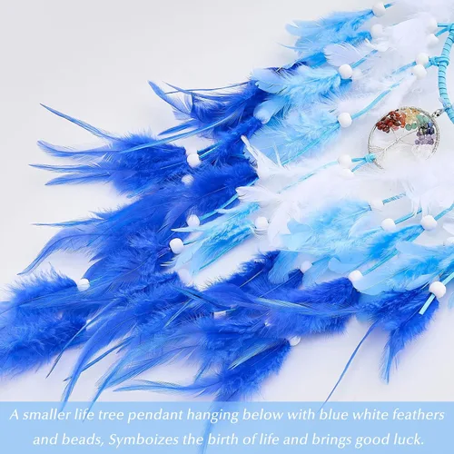 Vista 4 de Atrapasueños de árbol de la vida de mariposa de ensueño, decoración de pared, atrapasueños azul con piedra de cristal, atrapasueños de plumas hechas