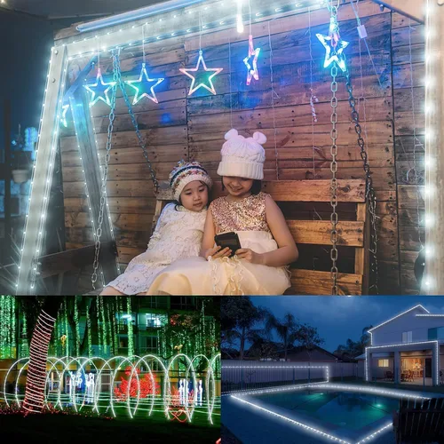 Vista 9 de Nuevas luces de cuerda solares mejoradas para exteriores, impermeables, 32m, 300 LED, luces de tira solares con control remoto, temporizador