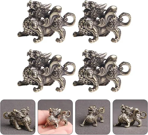 Vista 9 de Wakauto Escultura vintage de Feng Shui Pi Yao, 4 piezas, estatuas de latón, figuras chinas de Feng Shui para el hogar, oficina, mesa, atraen dinero