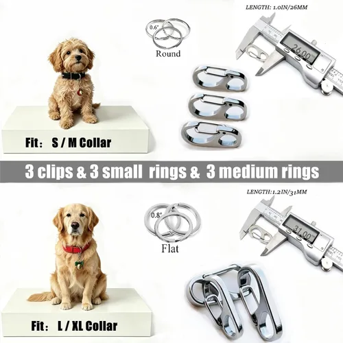 Vista 3 de Paquete de 3 clips rápidos de acero inoxidable para collar de perro/gato Rápido de asegurar y quitar, se adapta a cualquier tamaño de collar pero