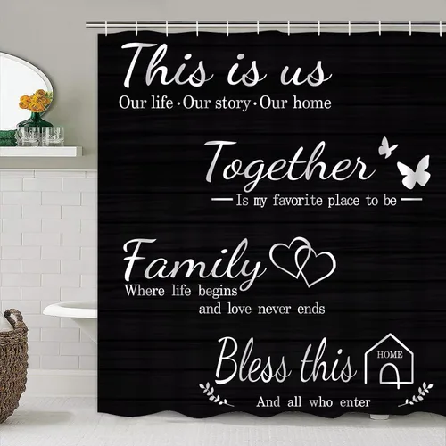 Vista 5 de Juego de cortinas de ducha familiares AZHM Negro para baño con cortina de ducha y alfombras y accesorios Decoración de baño con cortina y 12 ganchos