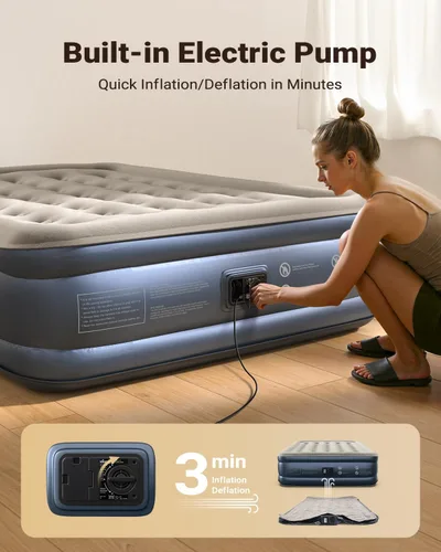 Vista 2 de iDOO Colchón de aire Queen con bomba incorporada, cama inflable elevada de Top Gris & Azul Marino