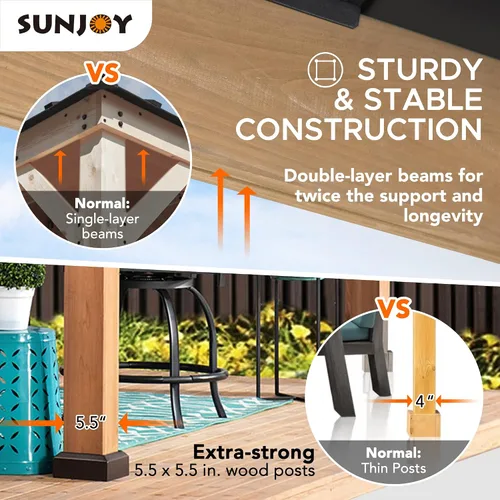 Vista 4 de Kiosco con techo rígido Sunjoy de 9 x 9 pies. Gazebo de madera con estructura de cedro mejorado con techo de acero marrón y policarbonato a dos