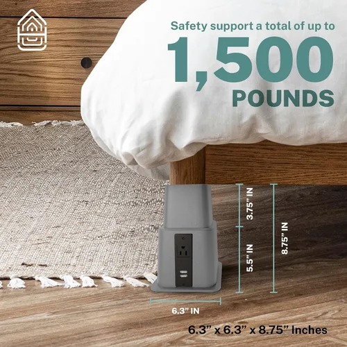 Vista 4 de Home Intuition Elevadores de cama ajustables resistentes de 3, 5 u 8 pulgadas, paquete de 4 unidades (gris con USB)