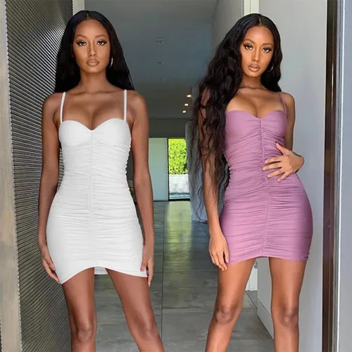 Vista 9 de Yuhanstore Vestido sexy fruncido para mujer, con cordón de espagueti, espalda descubierta, falda de tirantes de verano para club YH1377