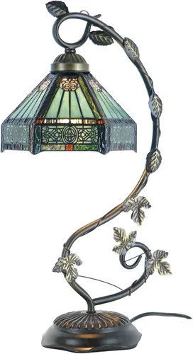Vista 6 de Tiffany - Lámpara de mesa con vitrales, luz de lectura de noche, 8 x 10 x 21 pulgadas Misión estilo vitral escritorio luz botón interruptor hoja