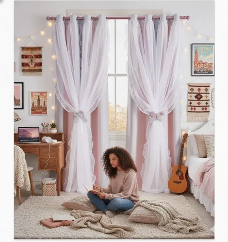 Vista 10 de PONY DANCE Cortinas con Volantes de Doble Capa con Superposición Transparente, Decoración Elegante para Ventanas de Diseño Rústico Francés de Campo