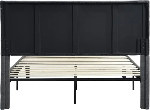 Vista 7 de Base de cama de plataforma de tamaño matrimonial con cabecera tapizada de tela y soporte de listones de madera, base de colchón totalmente tapizada