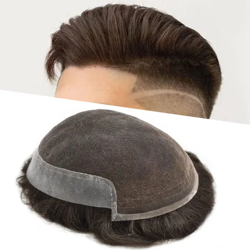 Vista 32 de Hombres Toupee Sistema de Cabello Humano Real para Hombres Encaje Suizo Toupee Para Hombres Nudos Blanqueados Hombres Hairpieces Pieza Para Hombres