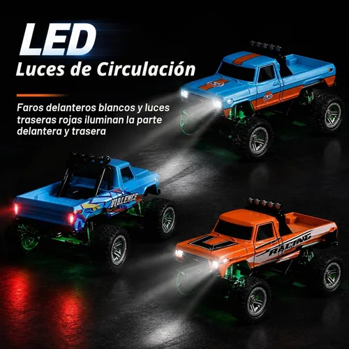 Vista 6 de Mini camión monstruo de control remoto a escala 1:64 con remolque 2.4 GHz y control dual de aplicación, mini auto RC de aleación con luces LED Azul