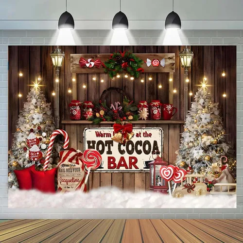Vista 5 de Telón de fondo de cacao caliente de Navidad para fotografía – Fondo de decoración de cetro y árbol de tienda de golosinas – Decoración de fiesta