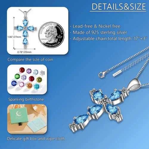 Vista 5 de Collar de cruz para mujer, plata de ley 925, joyería religiosa de piedra natal religiosa de Jesús