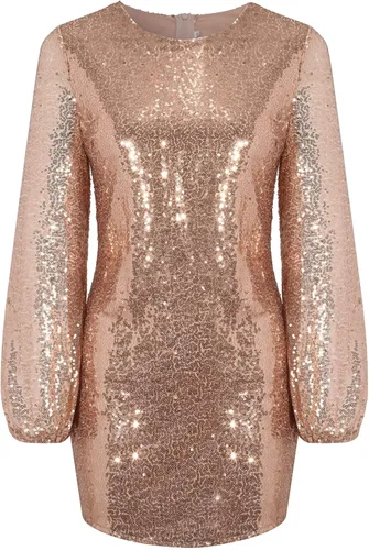 Vista 4 de Vestido sexy de lentejuelas para mujer de manga larga brillante para discoteca fiesta noche vestido moderno y liso con cuello redondo HR