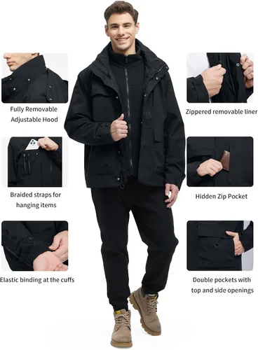 Vista 6 de YGREYG Chaquetas de invierno impermeables 3 en 1 para hombre, para esquí, abrigo de lluvia y nieve, con forro acolchado, cortavientos