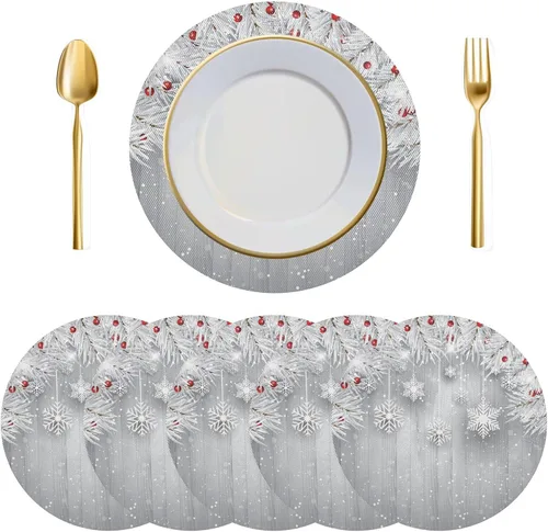 Vista 8 de Juego de 6 manteles individuales redondos, copos de nieve sobre rojo oscuro, resistentes al calor, para mesa de comedor, decoración de Navidad