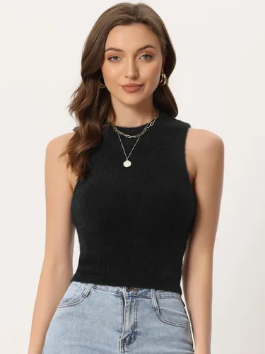 Vista 2 de Allegra K Top corto sin mangas de piel sintética para mujer