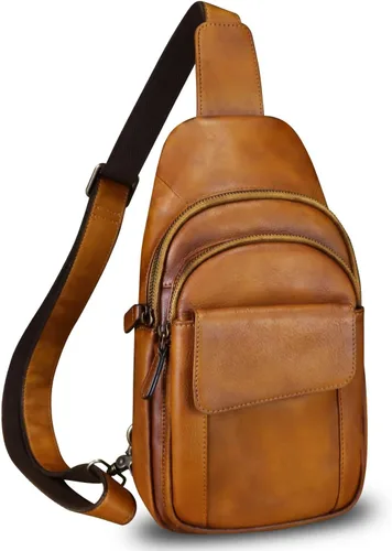 Vista 2 de LRTO Bolso de cuero genuino para hombres y mujeres retro de cuero real bandolera bandolera bandolera bolso de pecho