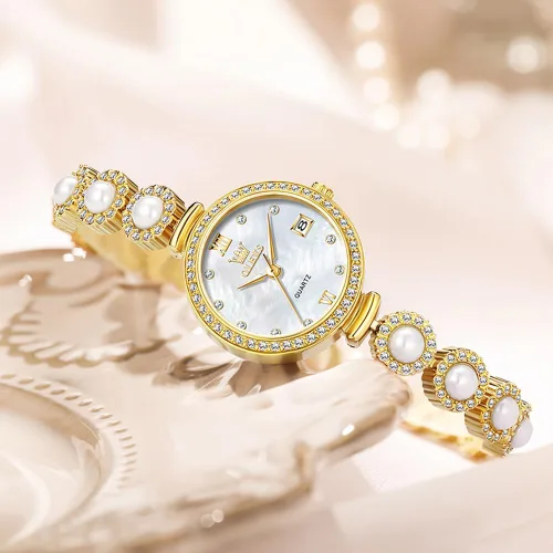 Vista 4 de OLEVS Reloj de pulsera analógico de lujo con cara pequeña para mujer, delicado e impermeable con perlas y diamantes, reloj para mujer con fecha
