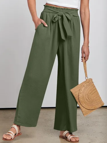 Vista 7 de ANRABESS Pantalones palazzo de pierna ancha para mujer con bolsillos, cintura alta, nudo de lazo, negocios, casual, de moda, bohemios