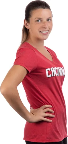 Vista 3 de Cincinnati Camiseta clásica retro negra, roja, azul, gris, Ohio City Pride Newport Fan para mujer con cuello en V, Azul