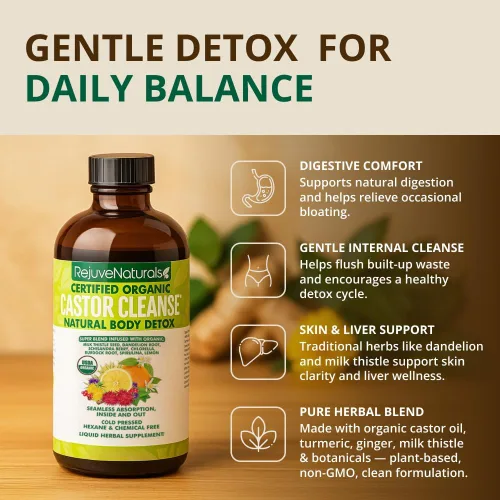 Vista 2 de RejuveNaturals Castor Cleanse™ - Aceite de ricino orgánico USDA, clorela, espirulina, raíces y verduras para el bienestar, apoyo digestivo