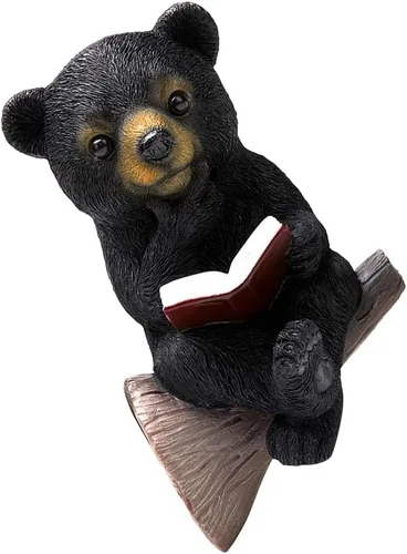 Vista 6 de HOMSFOU Escultura de árbol de estatua de oso con luz solar, divertida lámpara de libro de lectura de oso para césped, patio, patio trasero
