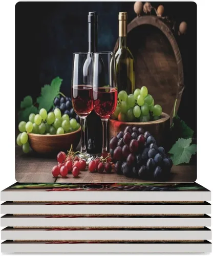 Vista 47 de 4 posavasos de vino tinto, cuadrados y modernos posavasos absorbentes de cerámica, estilo de pintura al óleo, vintage, vino tinto, uvas, rosa