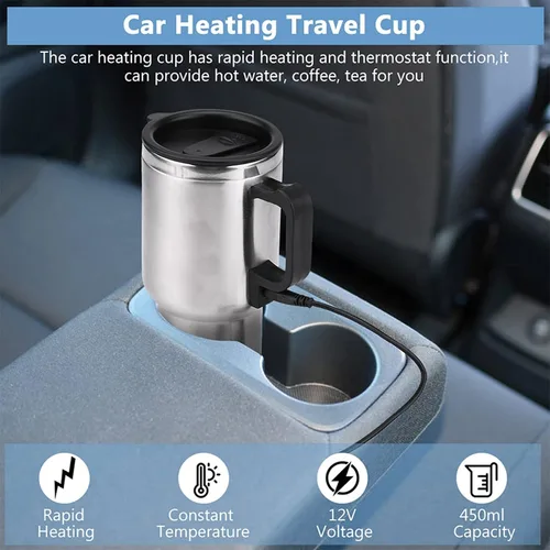 Vista 9 de Taza eléctrica para automóvil, 12 V, 15.2 fl oz, eléctrica en el automóvil, taza de calentamiento de viaje de acero inoxidable, taza de café, té