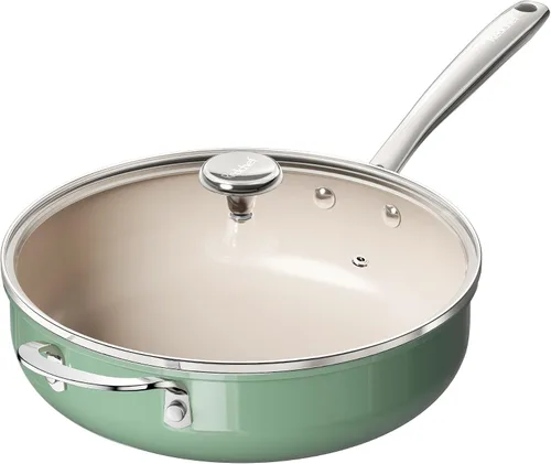 Vista 11 de Redchef Sartén Salteadora de Cerámica con Tapa, Sartén Profunda Antiadherente para Freír, Cocinera Jumbo de 5QT con Mango Auxiliar y Tapa, Sartén