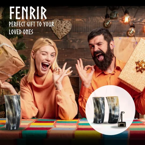 Vista 6 de FENRIR Juego de Tazas de Cuerno Vikingo para Beber de 2 – Regalos para Hombres, Papá, Esposo – Regalo Vikingo Único – Taza de Cuerno de Buey Natural