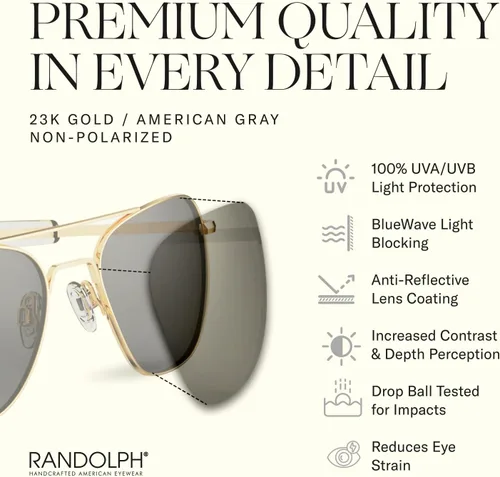 Vista 5 de Randolph Eyewear Aviator Sunglasses for Women & Men Non-Polarized & Polarized Lenses, 23k Gold UV Protection Sunglasses