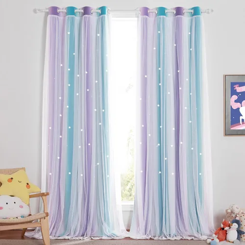 Vista 47 de NICETOWN Cortinas para Dormitorio de Niñas Infantiles con Estrellas Caladas Ventana 2 Capas Cortina 63 Pulgadas de Longitud Oscurecimiento
