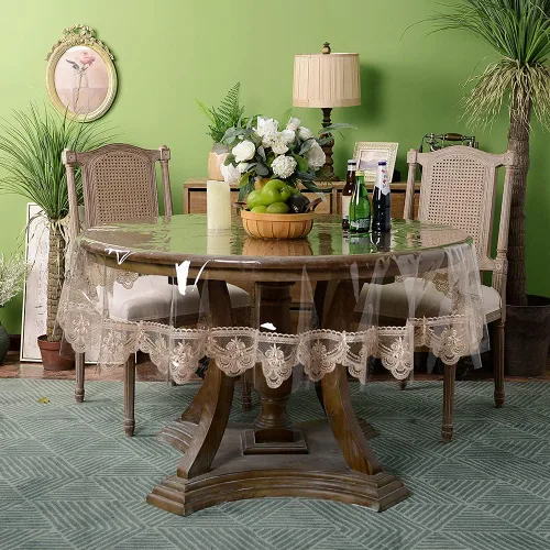 Vista 11 de ARTABLE Mantel rectangular de vinilo de PVC, impermeable, transparente, con borde de macramé de encaje champán, para boda, cocina, hogar