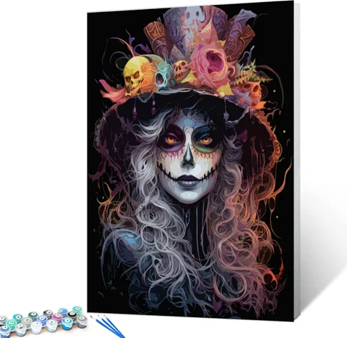 Vista 8 de Pintura por números retrato de niña con sombrero de mago Tucocoo, pintura DIY en lienzo con pinceles, pinturas acrílicas, calabaza de Halloween