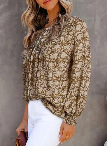 Vista 8 de SHEWIN Blusas de primavera para mujer, estilo casual, cuello en V, manga larga, blusas florales bohemias
