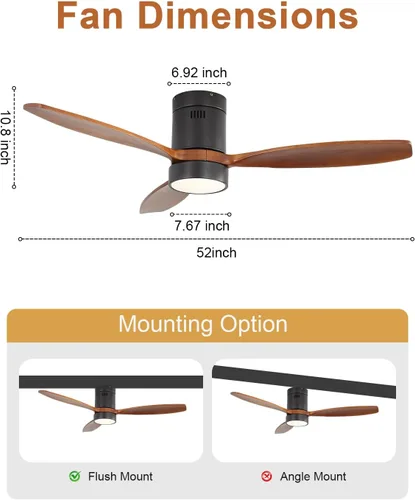 Vista 5 de Sofucor - Ventiladores de techo inteligentes de 52 pulgadas con luz - Modernos ventiladores de techo de madera maciza para exteriores con 3 aspas