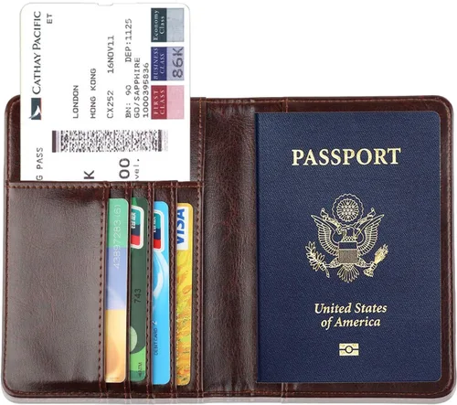 Vista 4 de Portapasaportes de piel, con bloqueo RFID, ideal para documentos de viaje, Coffee), B072QC2GSM