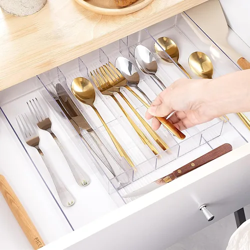 Vista 7 de HOMEE Organizador de cajones de cocina expandible para cubiertos y utensilios, organizador de cubiertos de acrílico, organizador de cajones