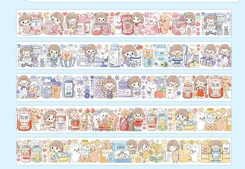 Vista 10 de Kawaii Art Washi Tape - Linda cinta adhesiva para escuela, suministros de oficina, estética, caricaturas, juego de cinta adhesiva decorativa
