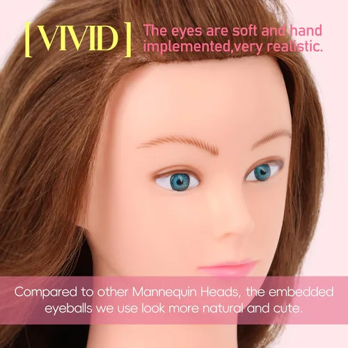Vista 3 de Cabeza de maniquí con cabello humano para cosmetología - Cabeza de muñeca con 80% cabello humano para práctica de peinado, cabeza de práctica