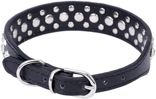 Vista 2 de Dogs Kingdom Collares de cuero con diamantes de imitación personalizados de 10 a 24 pulgadas de longitud, para razas pequeñas y medianas, color Negro